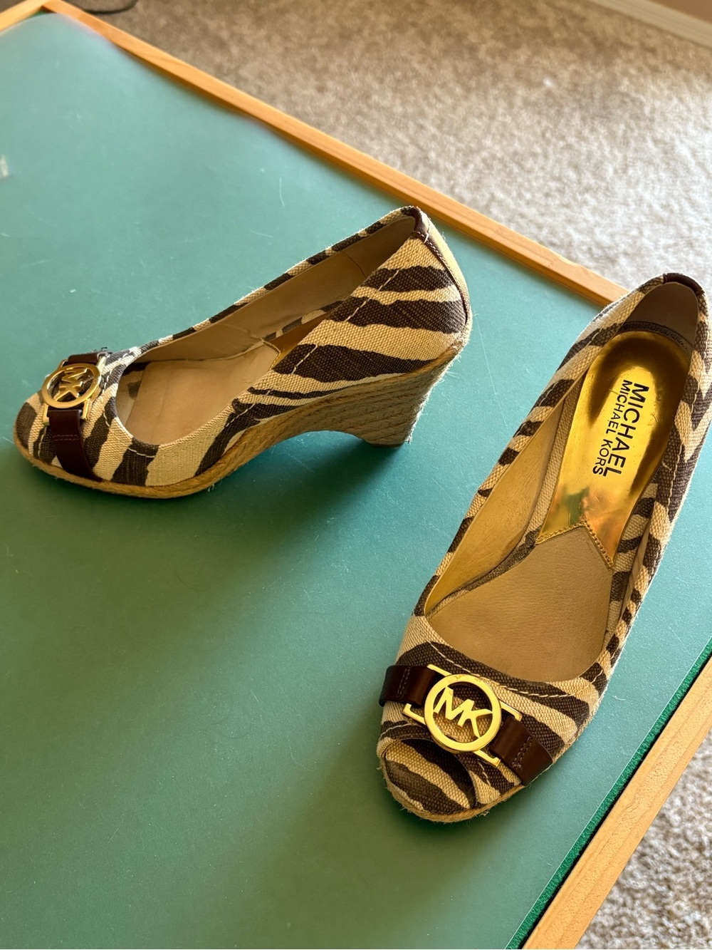 Michael Kors Brown & Cream Zebra-Print Espadrille Wedges with Gold MK Medallion